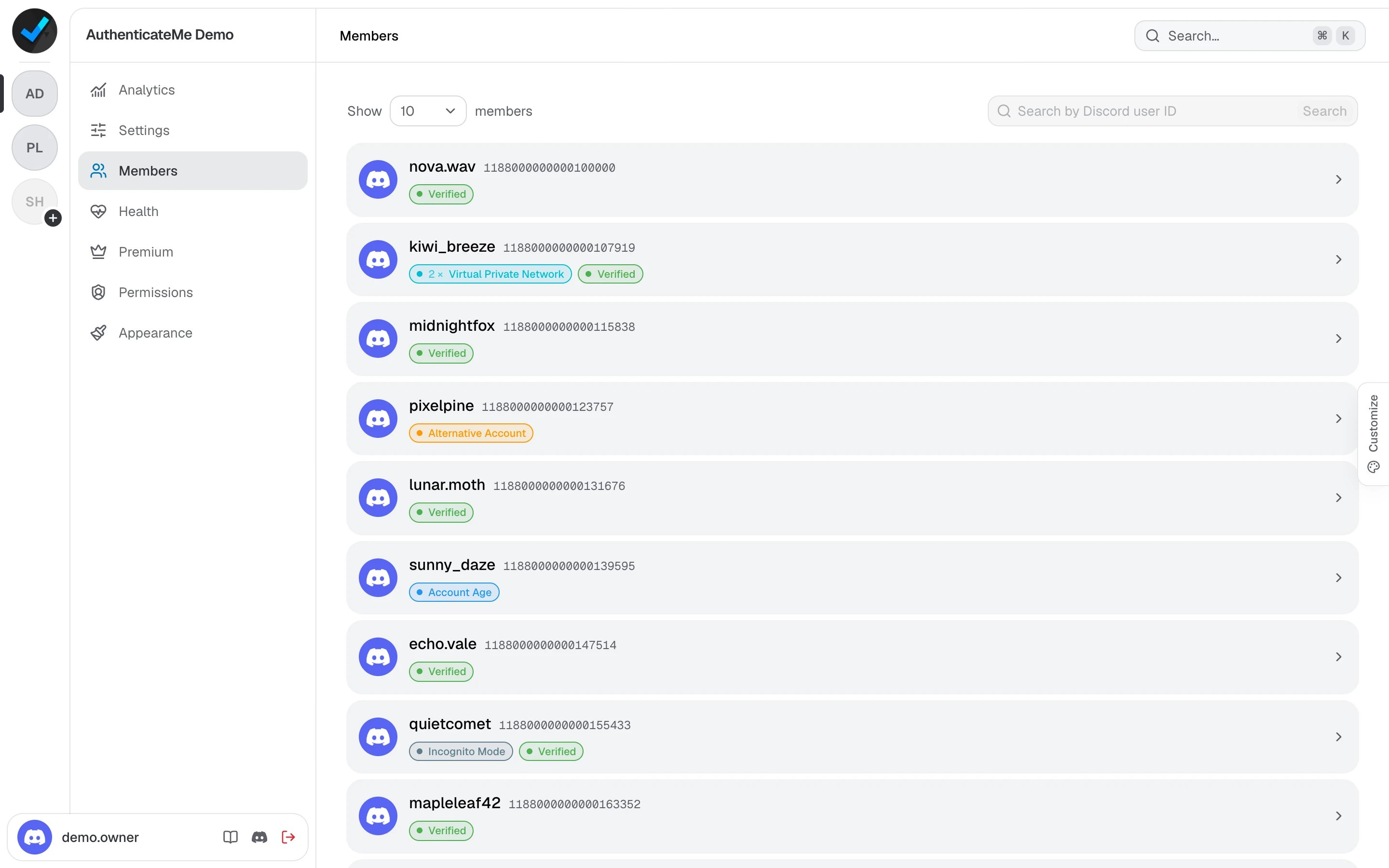 The Members page listing members with their verification results