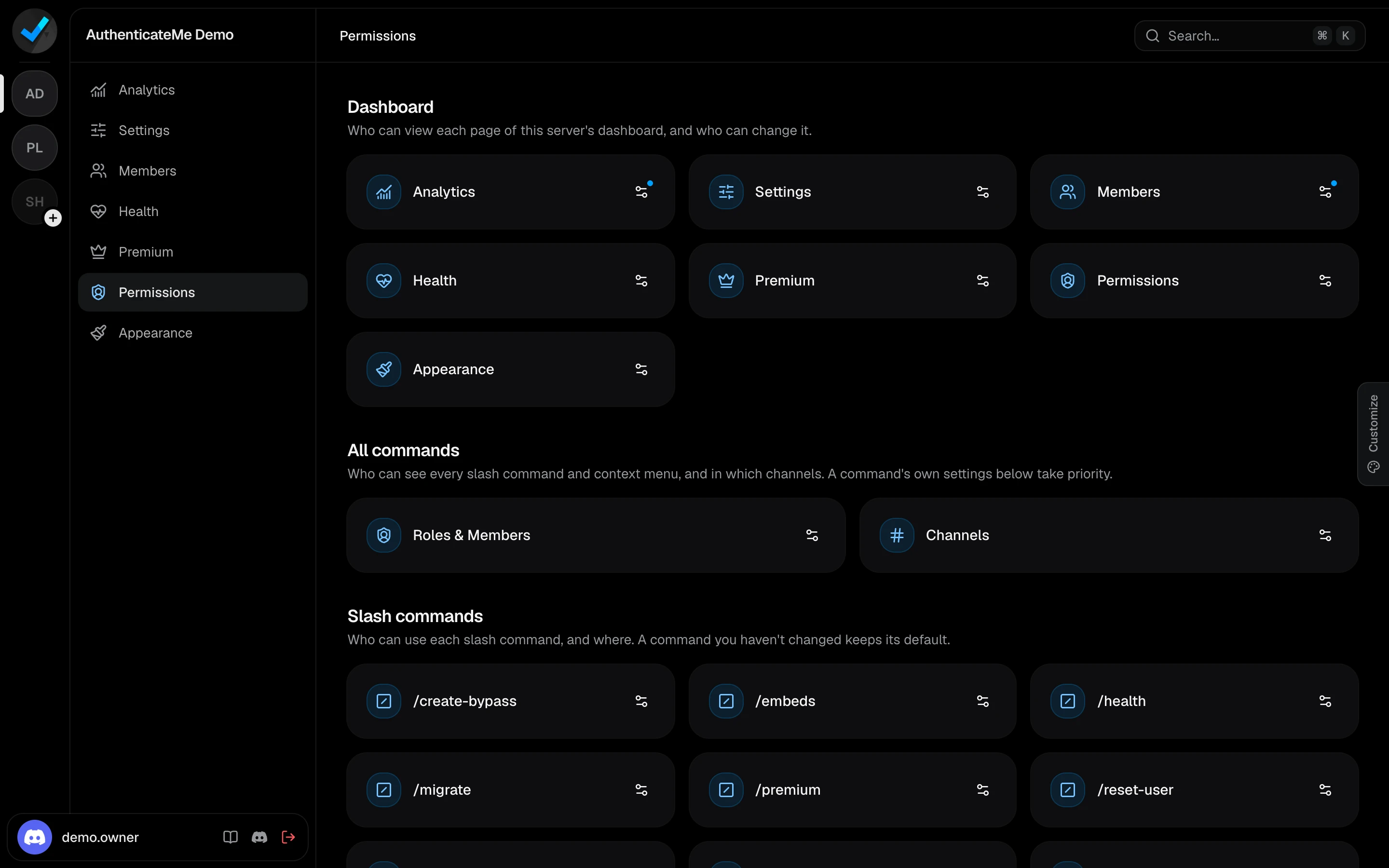 The Permissions page with cards for each dashboard page and command