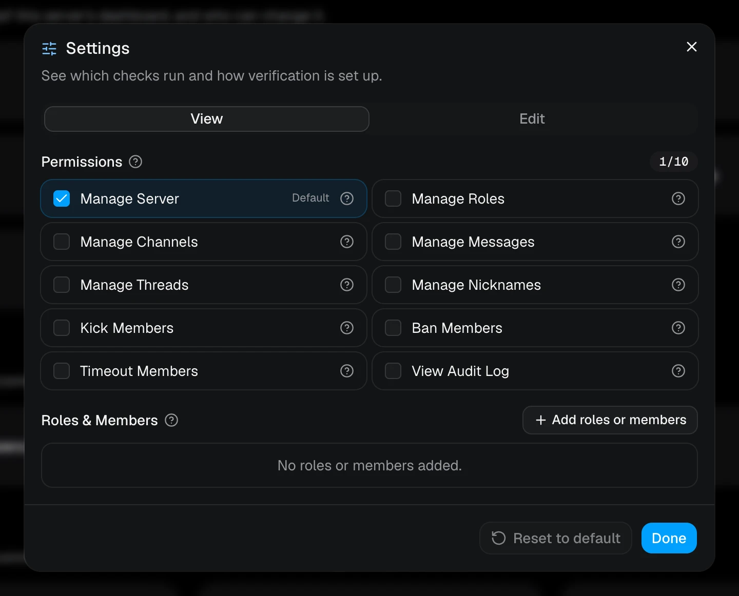 The access window for the Settings page, with its required permissions and overrides