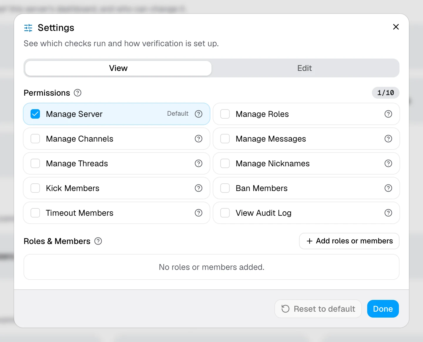 The access window for the Settings page, with its required permissions and overrides