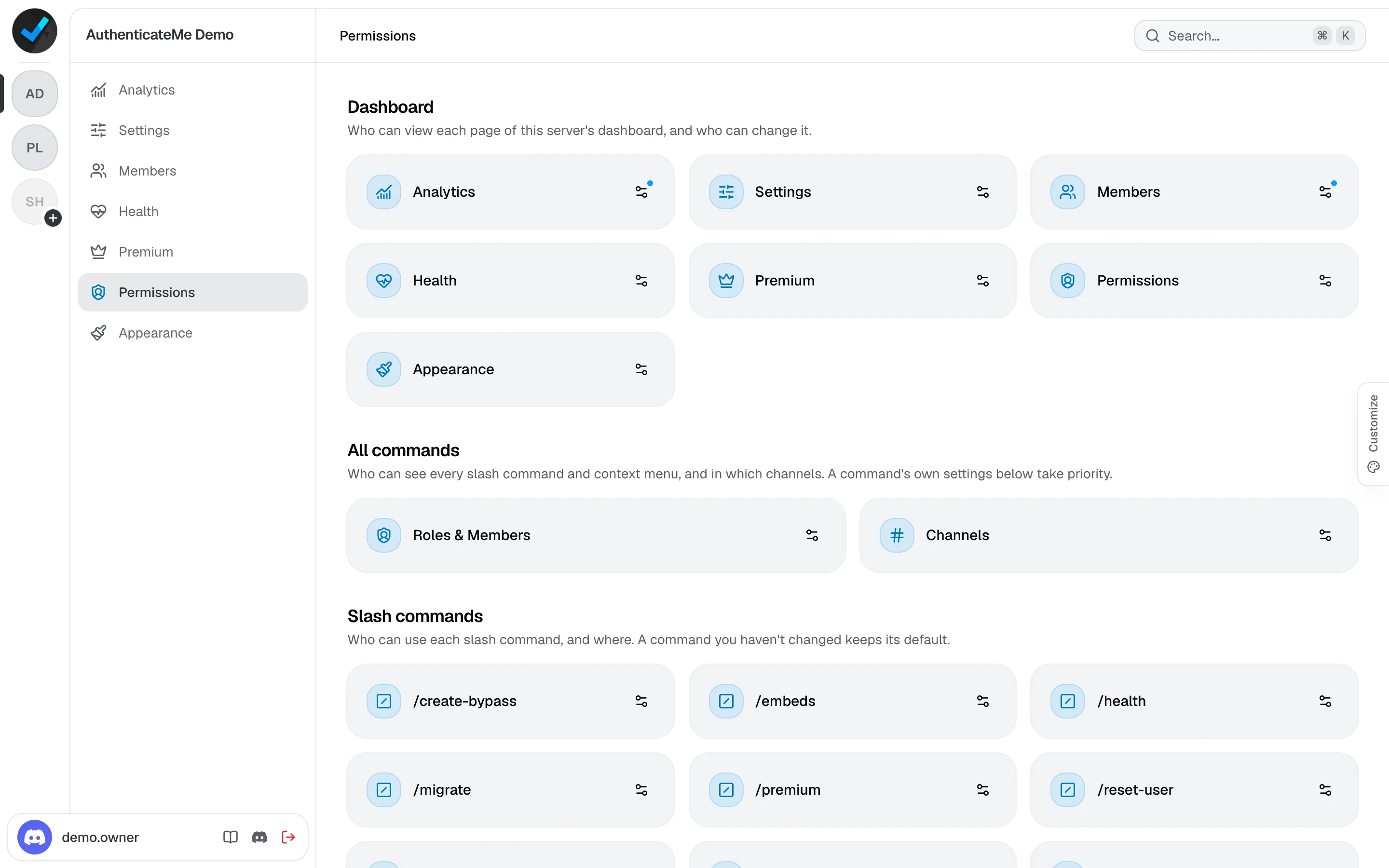 The Permissions page with cards for each dashboard page and command