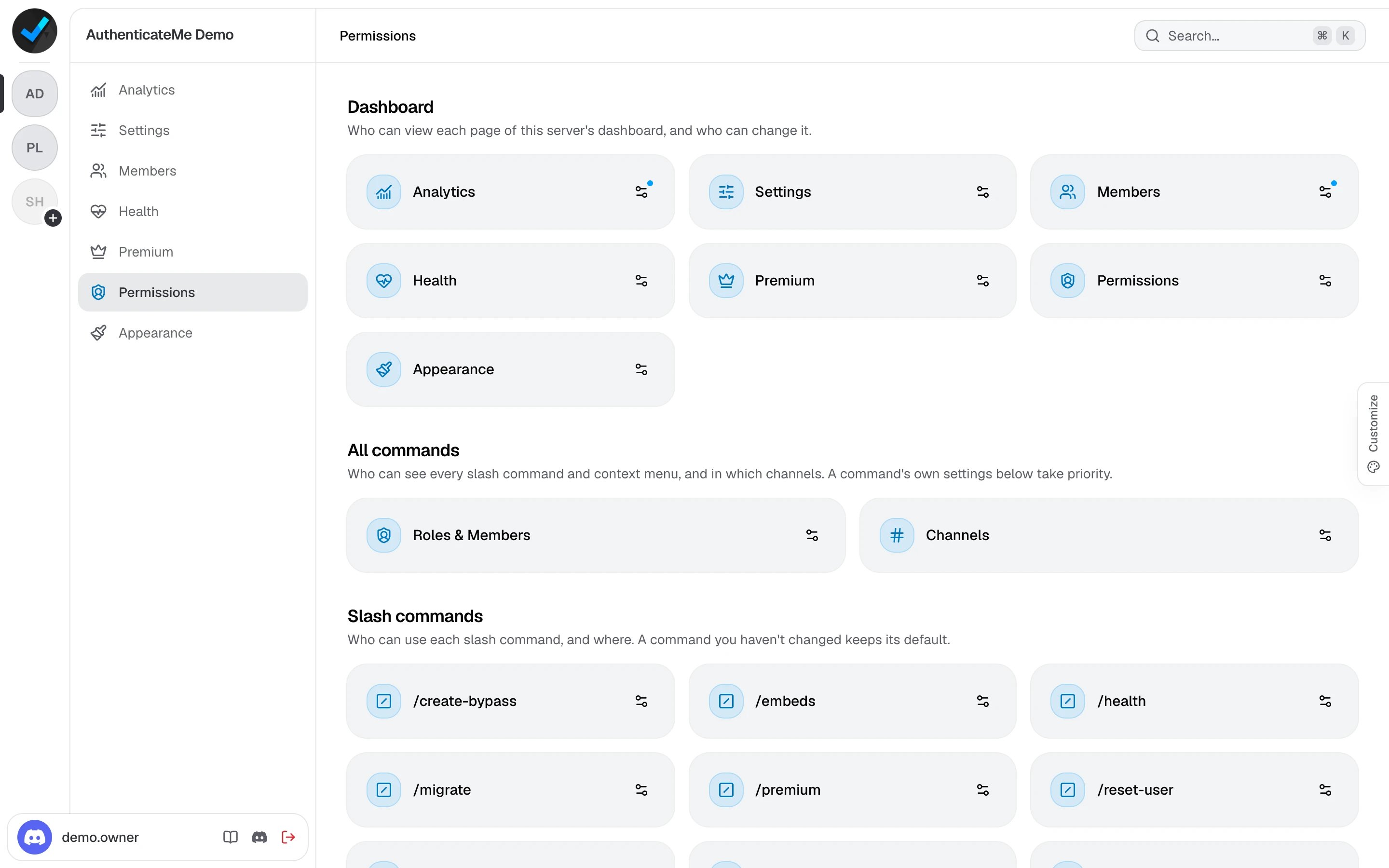 The Permissions page with cards for each dashboard page and command