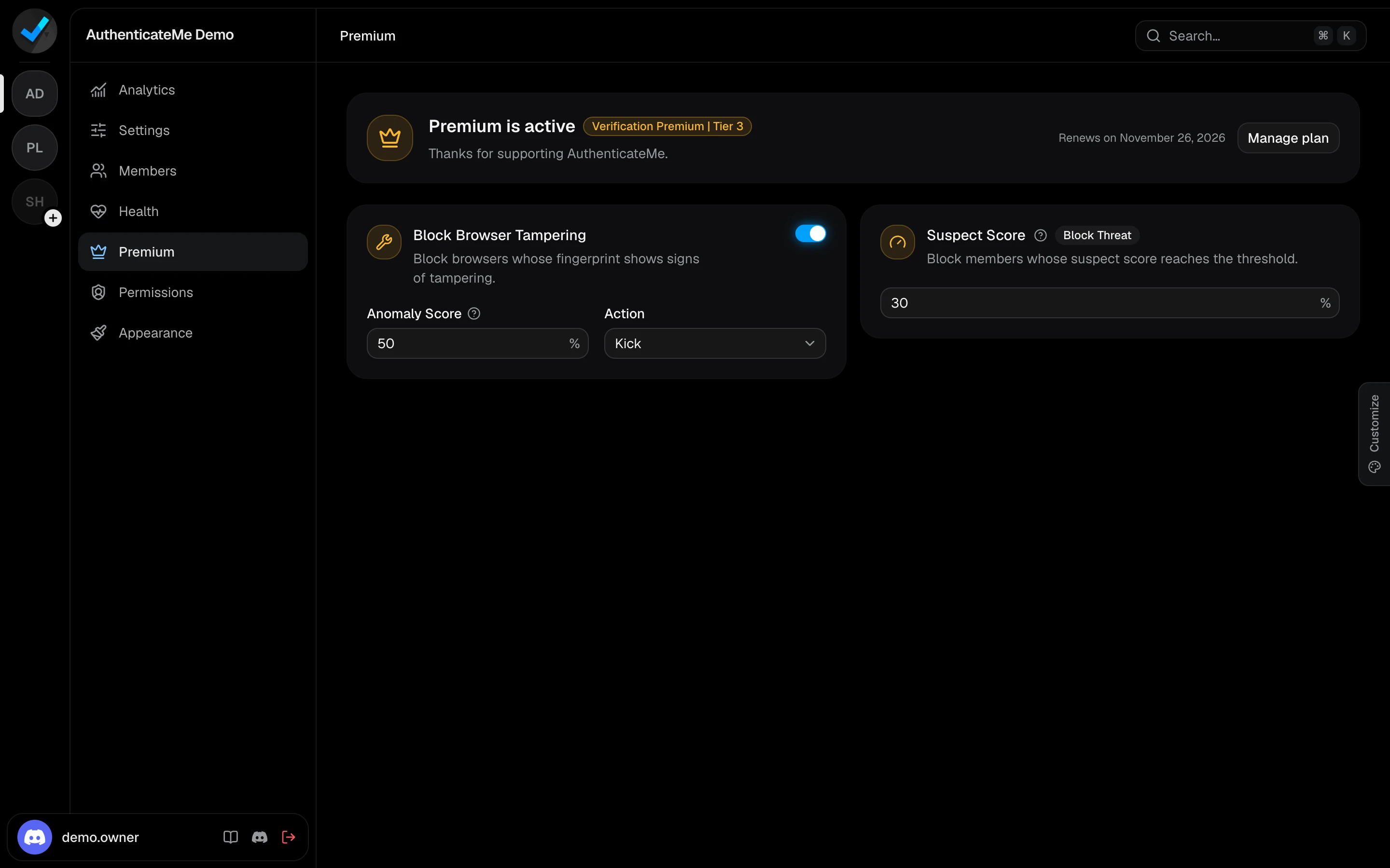 The Premium page for a server on Tier 3, with Block Browser Tampering and Suspect Score
