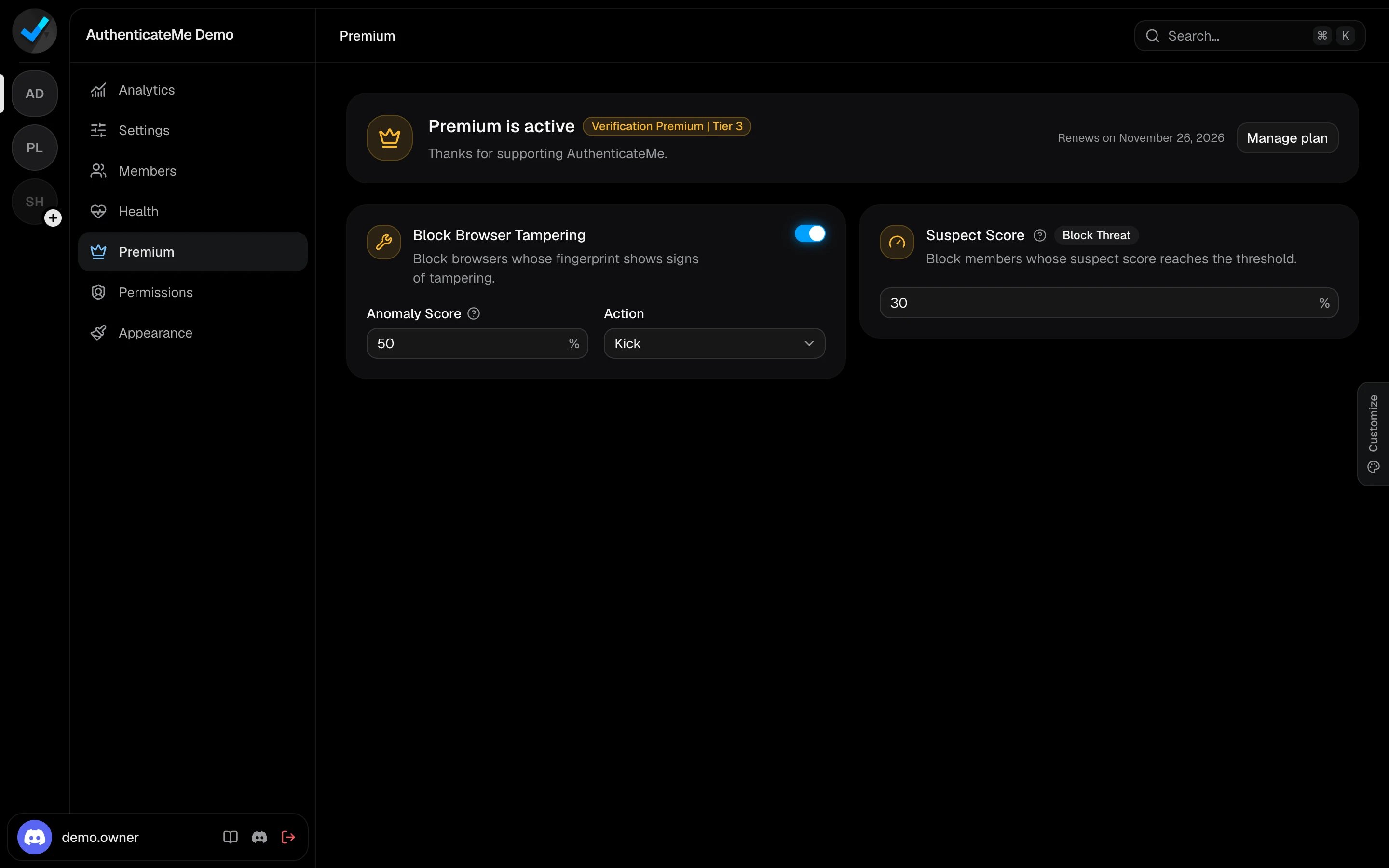 The Premium page for a server on Tier 3, with Block Browser Tampering and Suspect Score