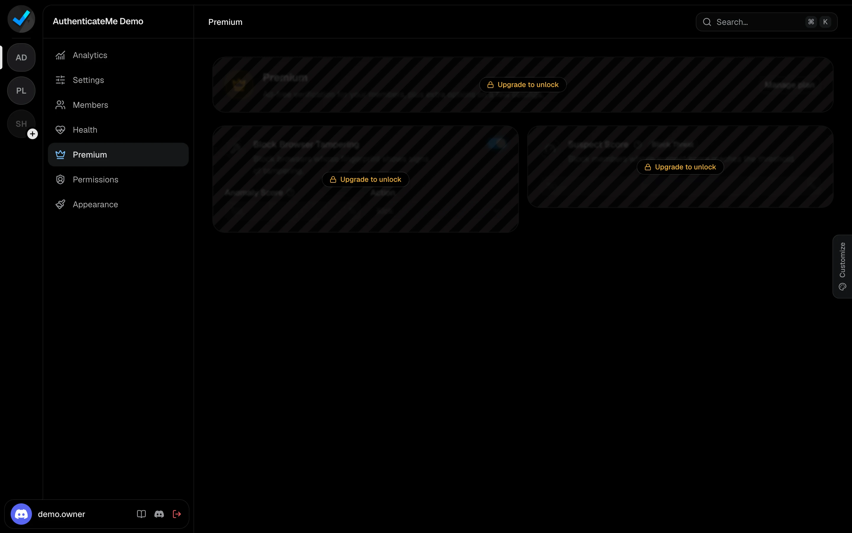 The Premium page for a server without Premium, with every card locked