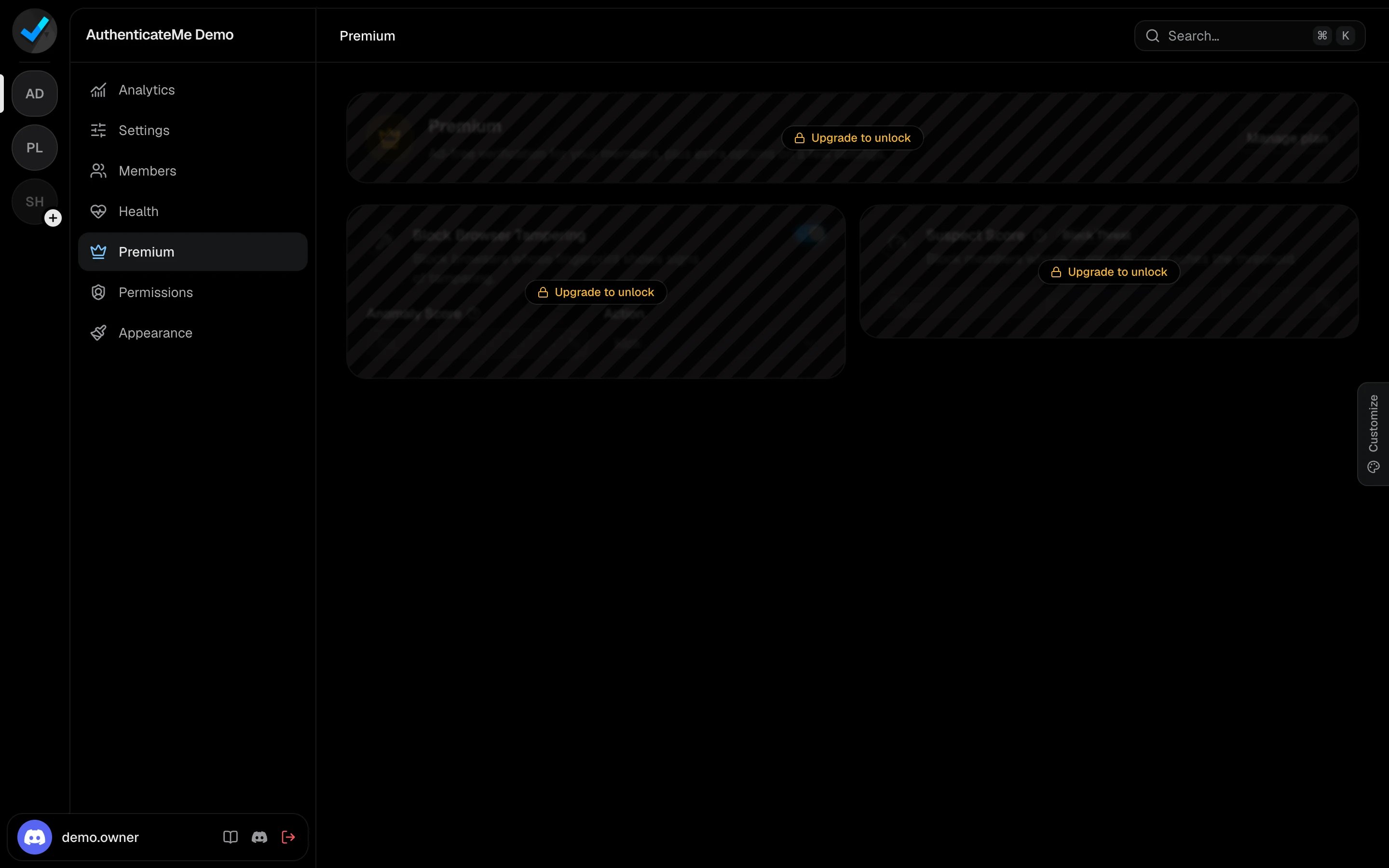 The Premium page for a server without Premium, with every card locked