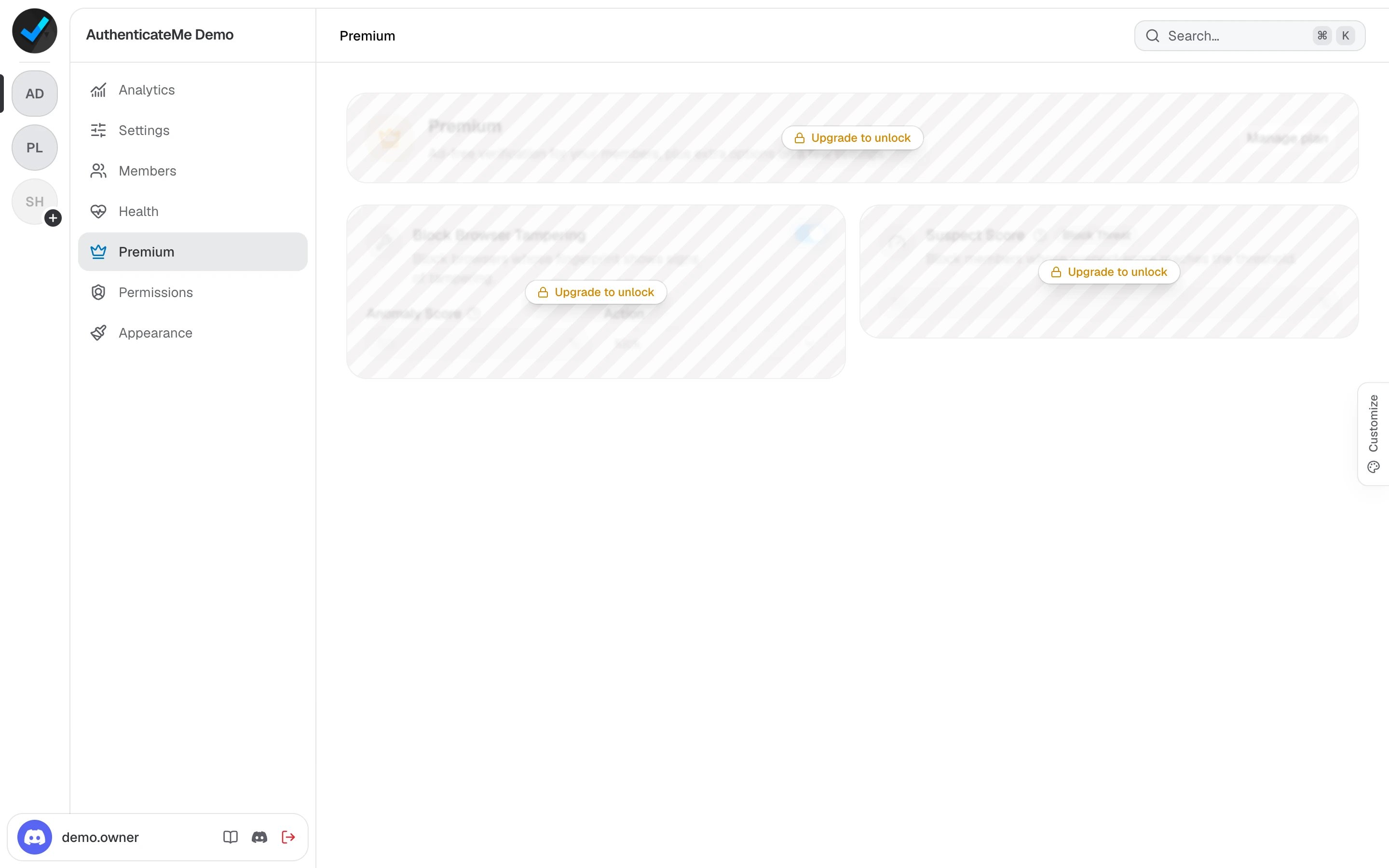 The Premium page for a server without Premium, with every card locked