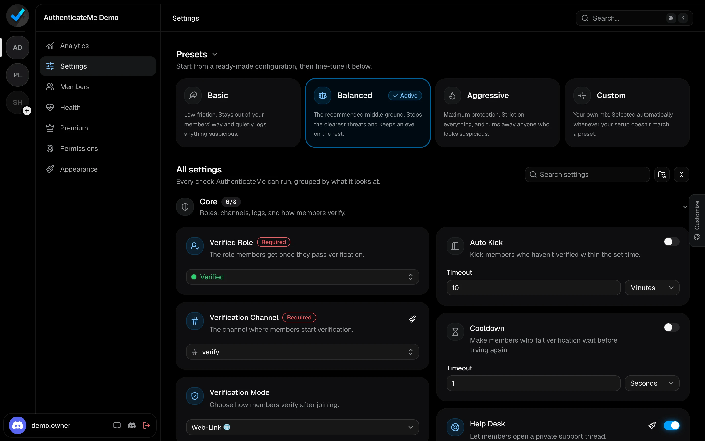 The Settings page with presets at the top and the Core settings below
