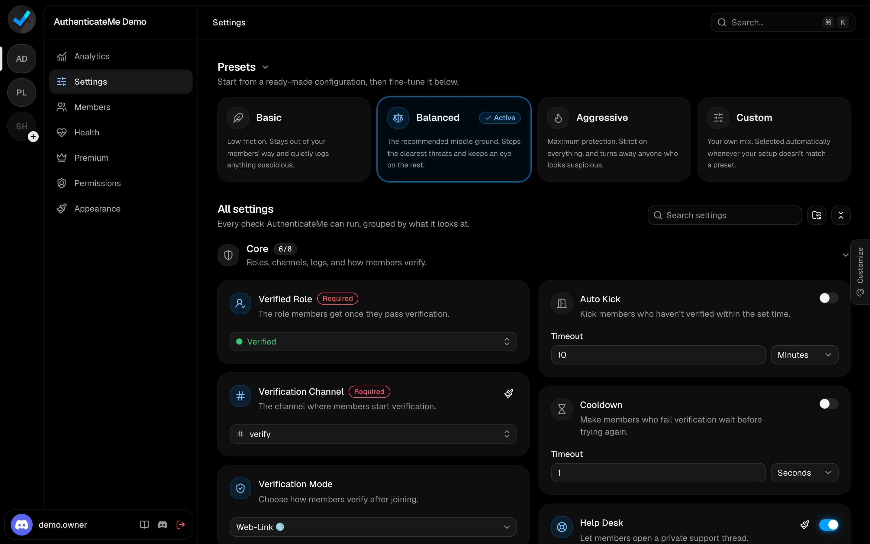 The Settings page with presets at the top and the Core settings below