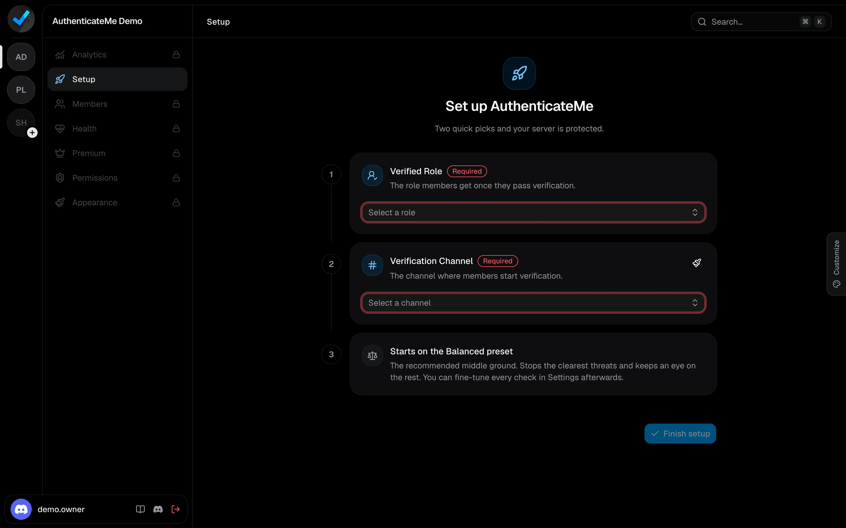 The dashboard setup screen with the Verified Role and Verification Channel pickers