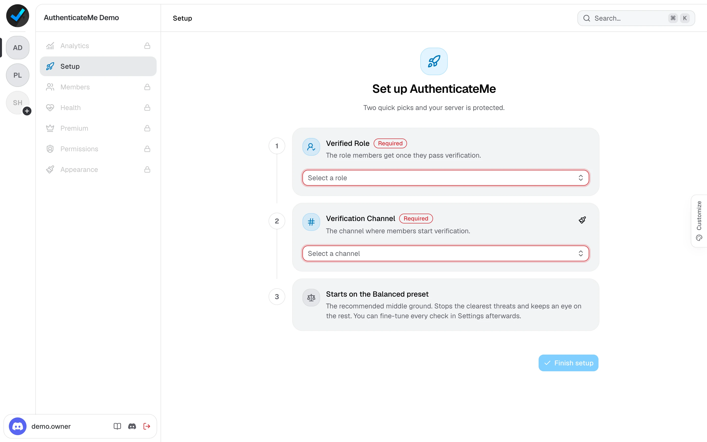 The dashboard setup screen with the Verified Role and Verification Channel pickers