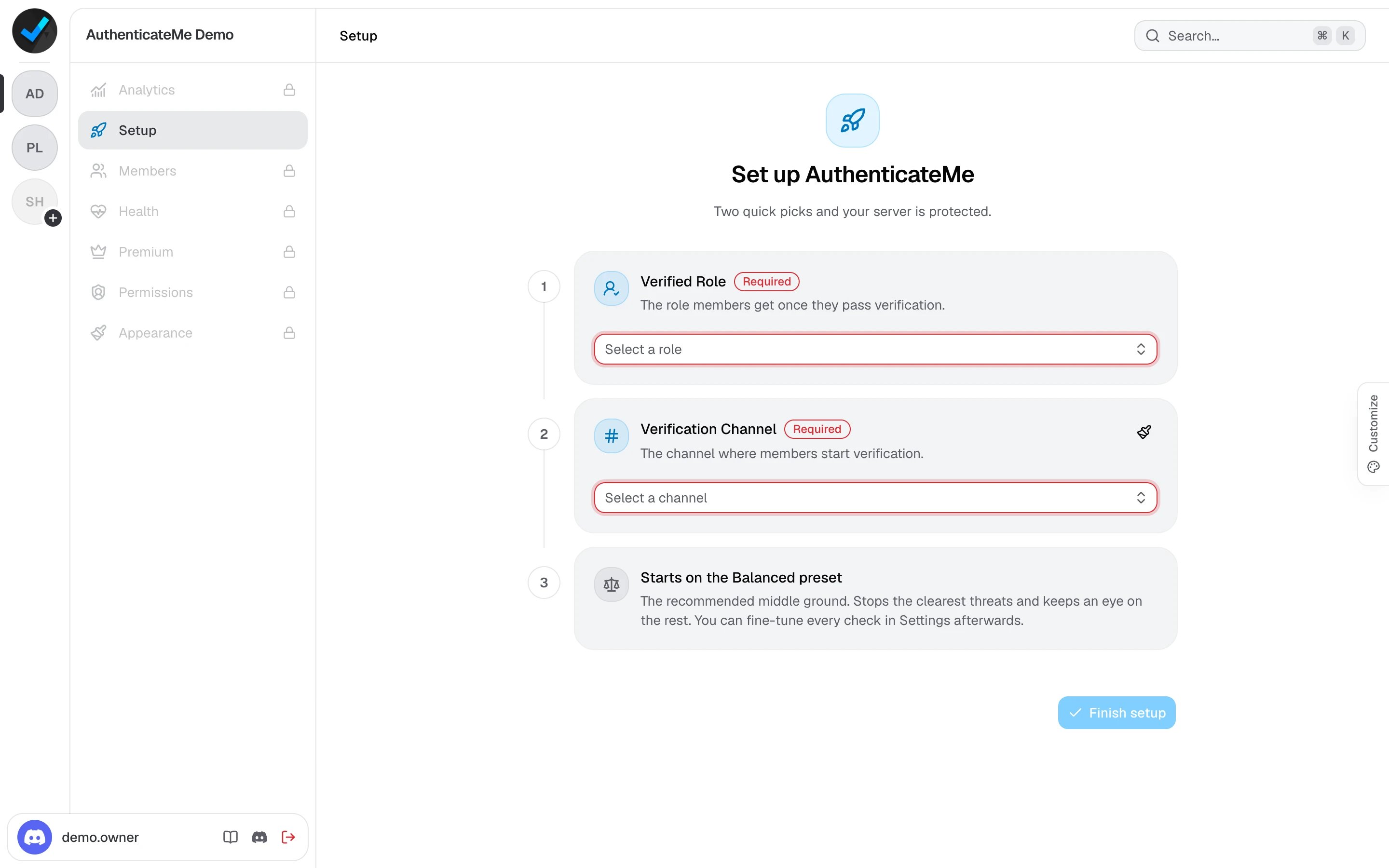 The dashboard setup screen with the Verified Role and Verification Channel pickers