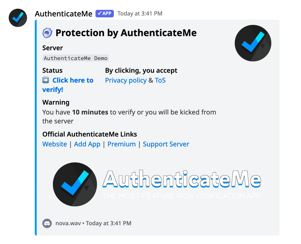 The DM AuthenticateMe sends when you join a server