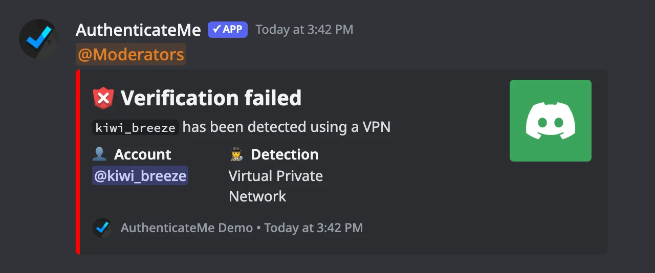 A failed verification log for a VPN detection, pinging the Moderators role