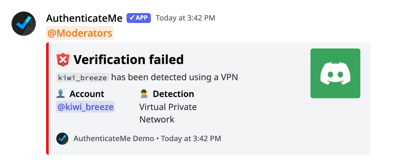 A failed verification log for a VPN detection, pinging the Moderators role