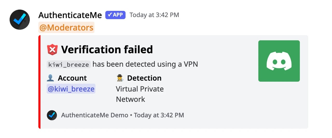 A failed verification log for a VPN detection, pinging the Moderators role