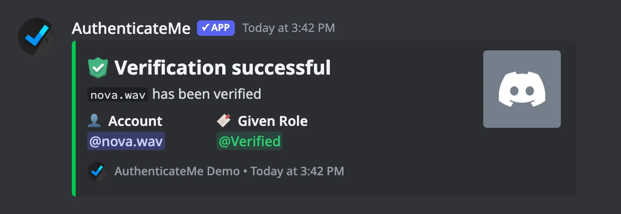 A successful verification log showing the account and the role it was given