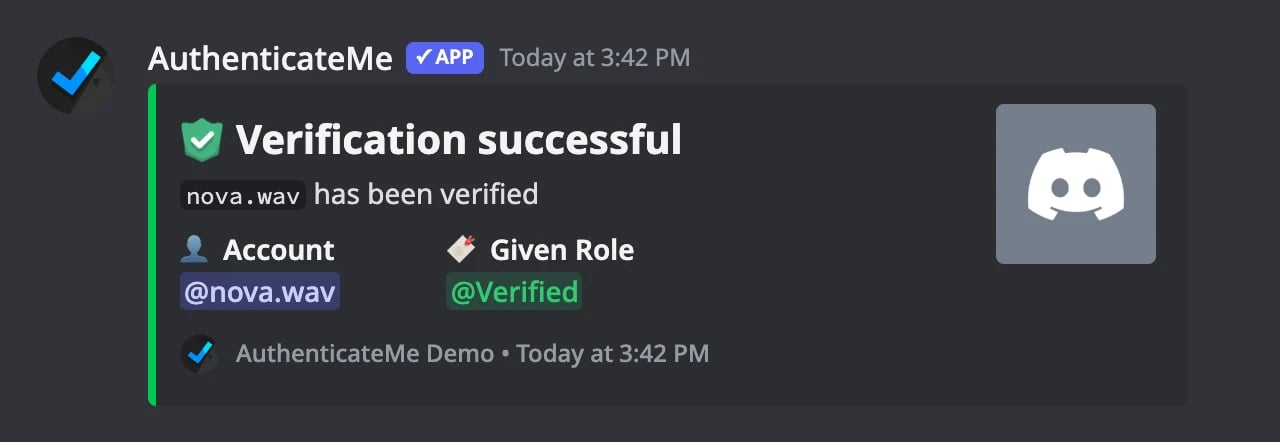 A successful verification log showing the account and the role it was given