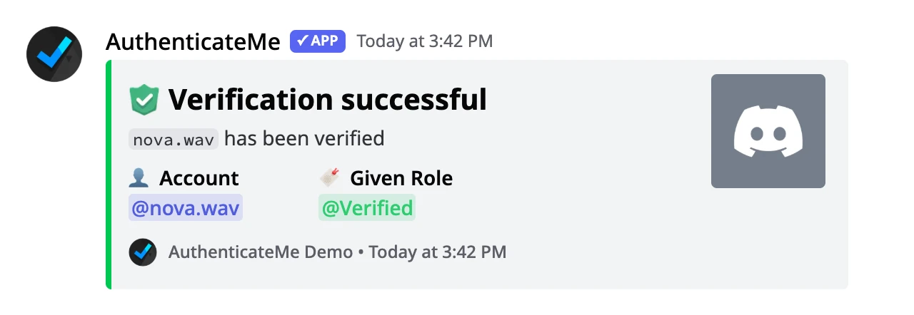 A successful verification log showing the account and the role it was given