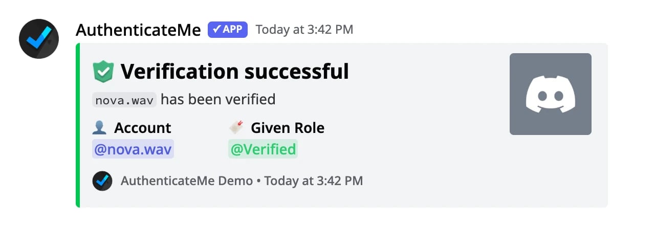 A successful verification log showing the account and the role it was given