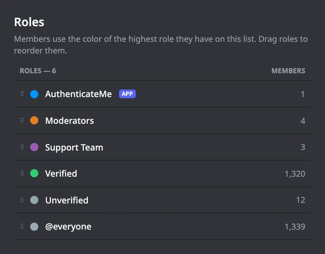 The AuthenticateMe role placed above the Verified and Unverified roles in Discord's role list