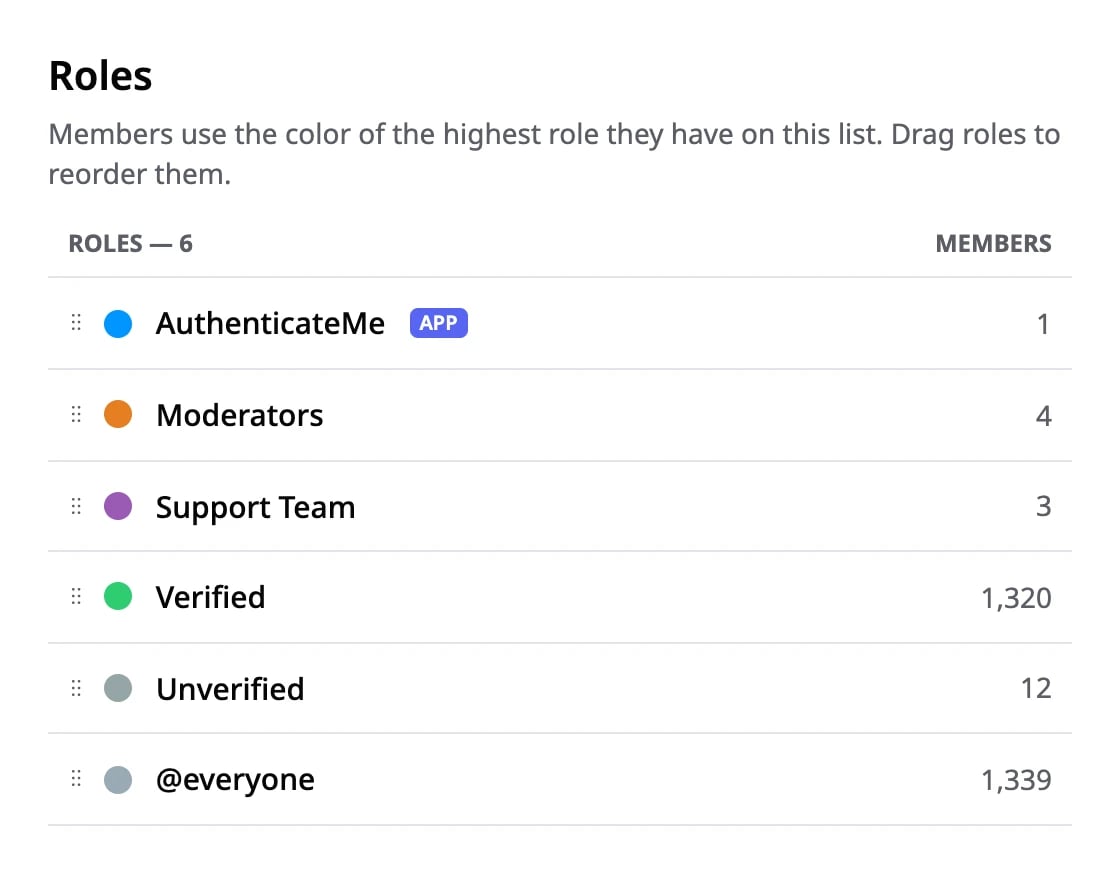 The AuthenticateMe role placed above the Verified and Unverified roles in Discord's role list