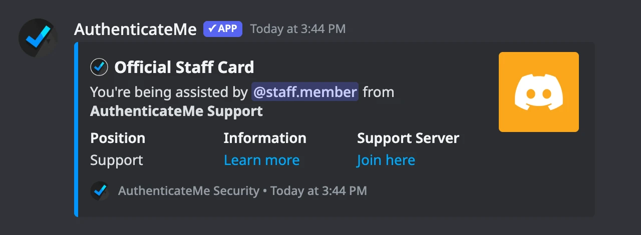 The Official Staff Card posted by the /card command