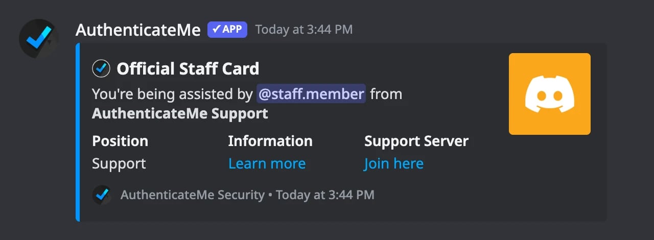 The Official Staff Card posted by the /card command