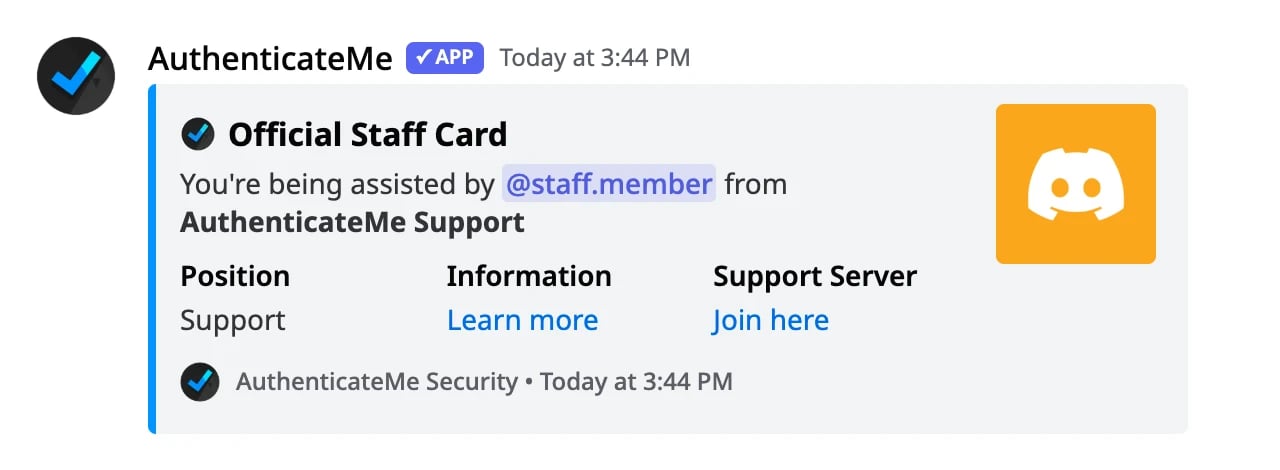 The Official Staff Card posted by the /card command