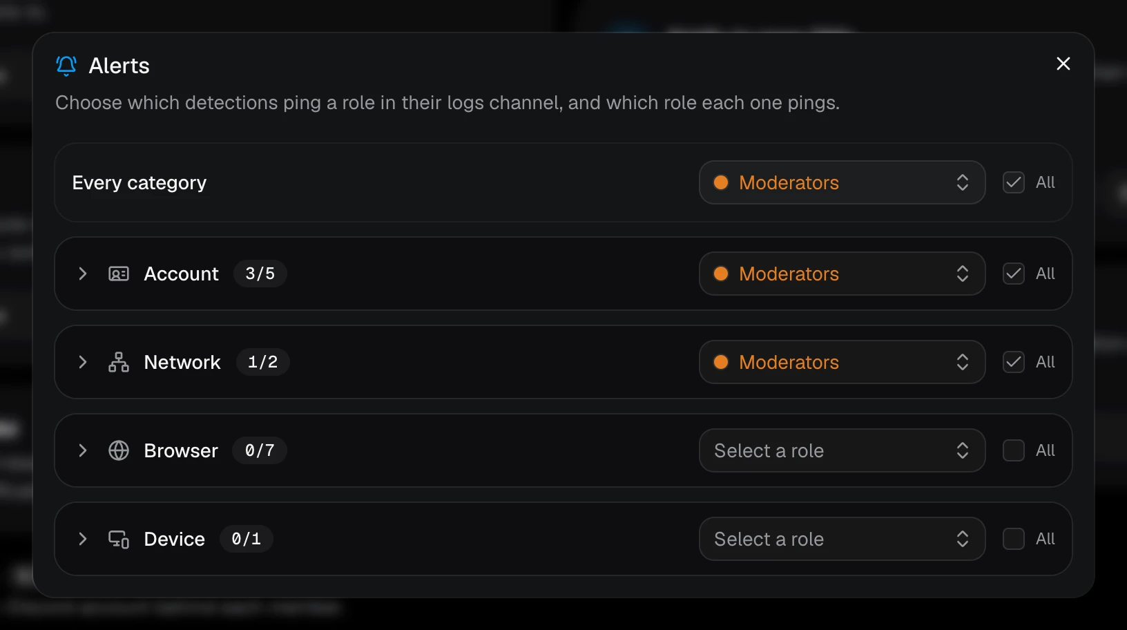 The Alerts window, with the Moderators role picked for some detections