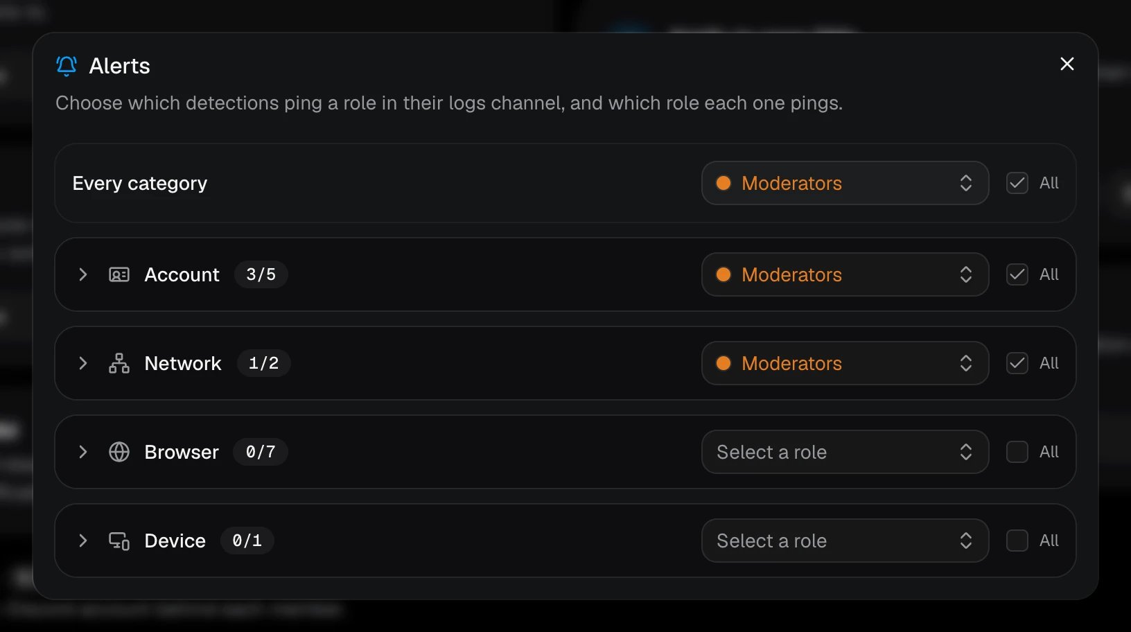 The Alerts window, with the Moderators role picked for some detections