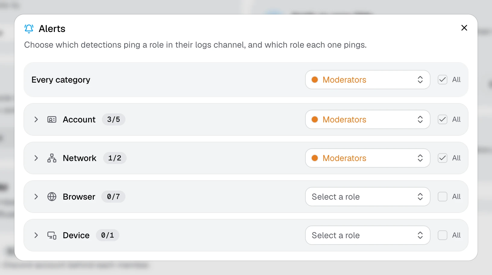 The Alerts window, with the Moderators role picked for some detections