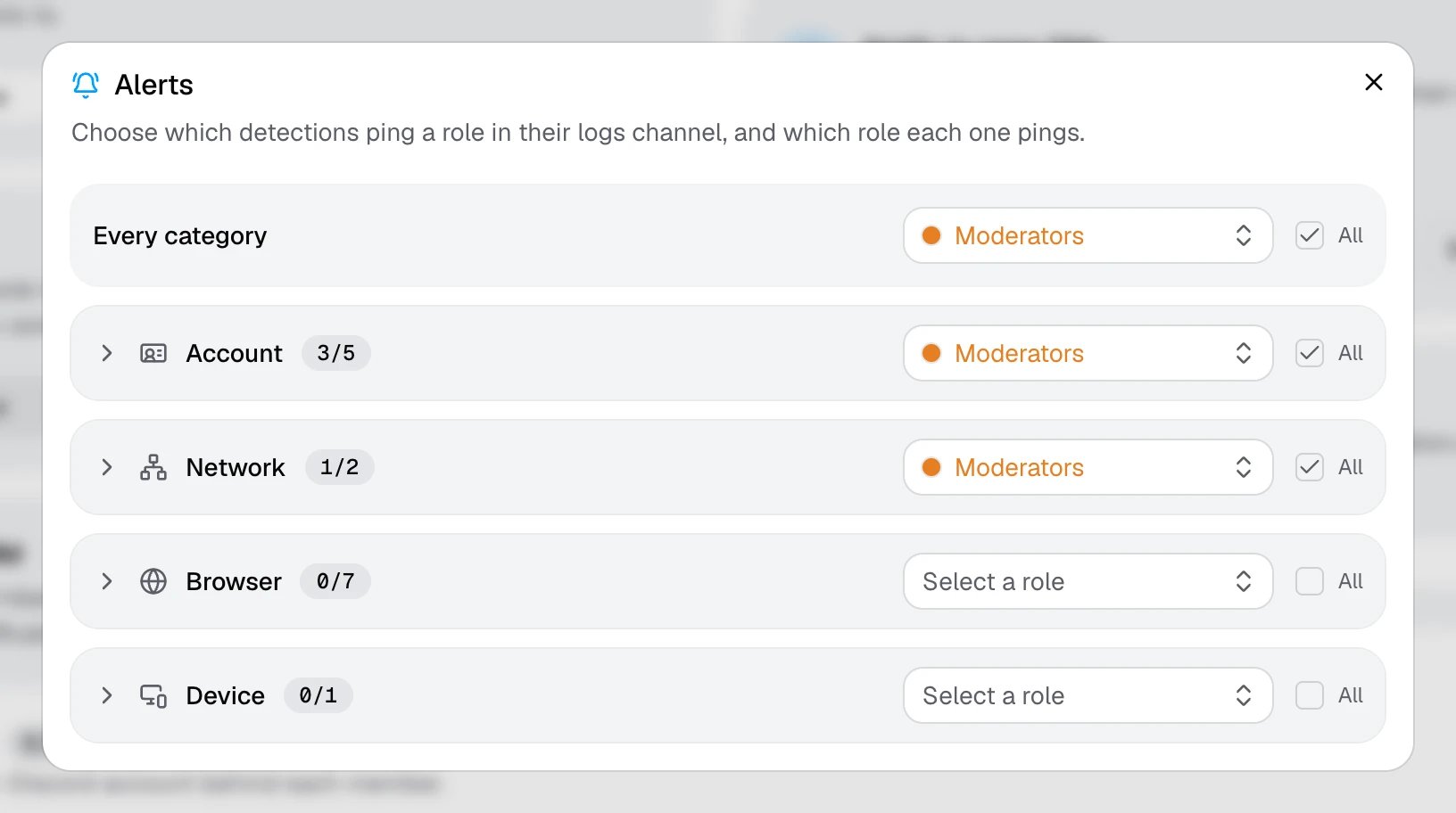 The Alerts window, with the Moderators role picked for some detections