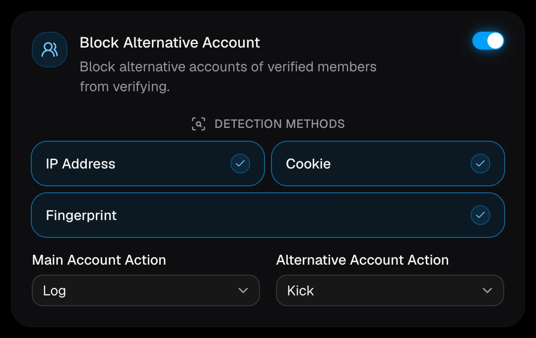 The Block Alternative Account card with its three detection methods