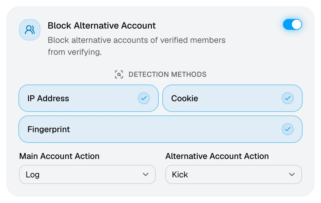 The Block Alternative Account card with its three detection methods