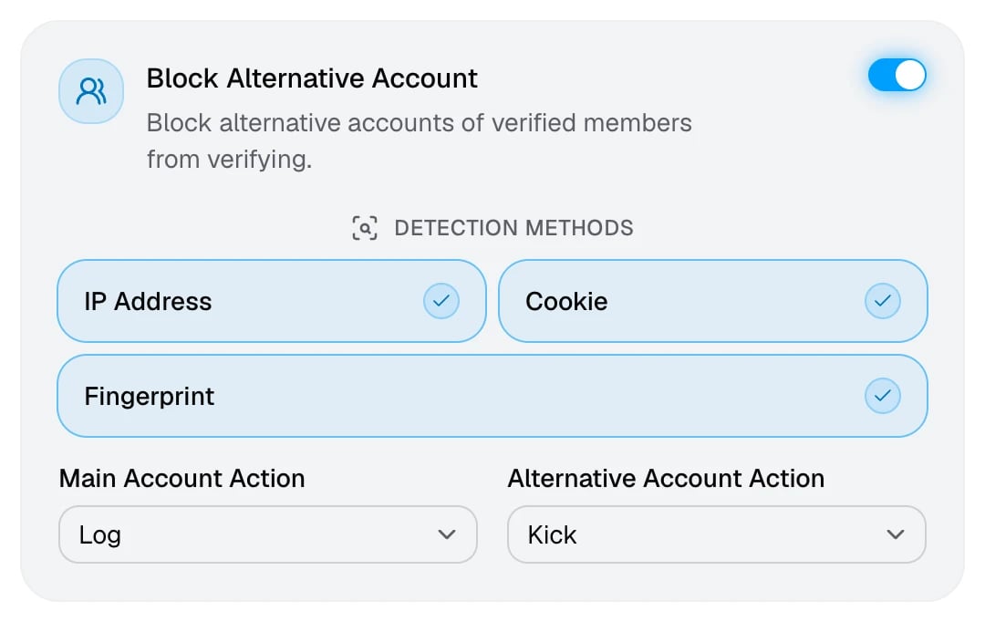 The Block Alternative Account card with its three detection methods