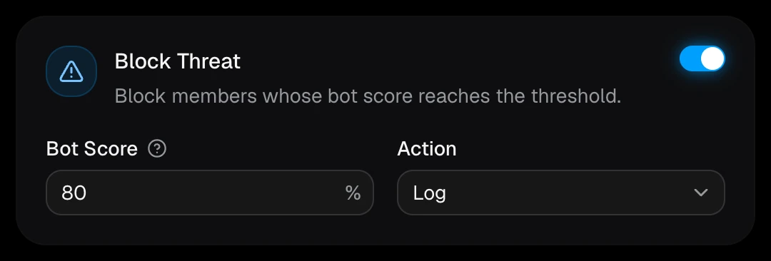 The Block Threat card with a bot score threshold of 80%