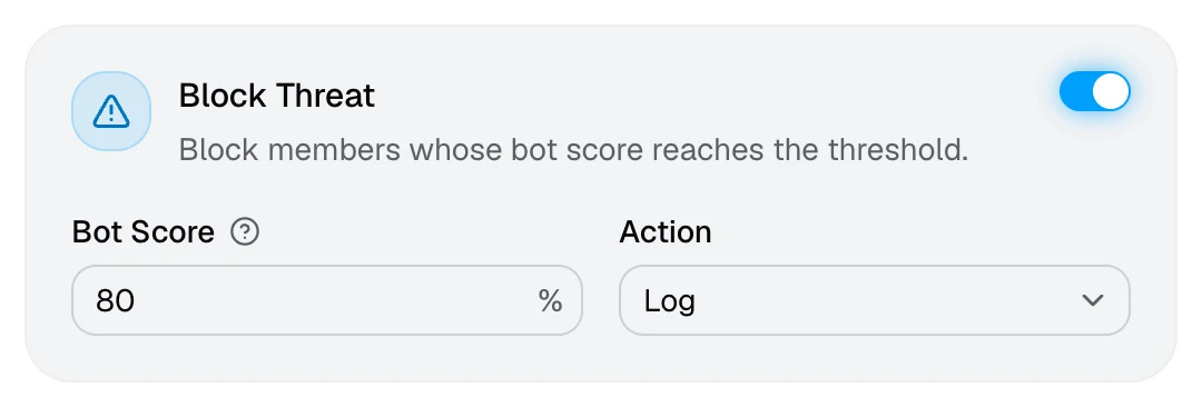 The Block Threat card with a bot score threshold of 80%