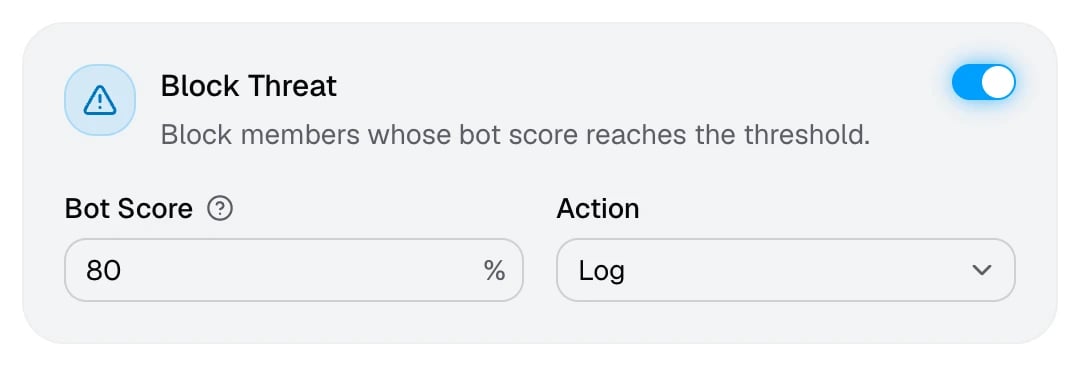The Block Threat card with a bot score threshold of 80%