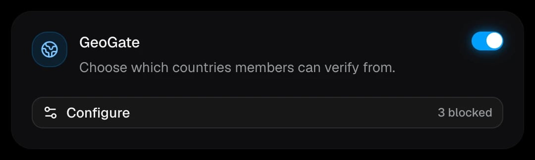 The GeoGate card with three countries blocked