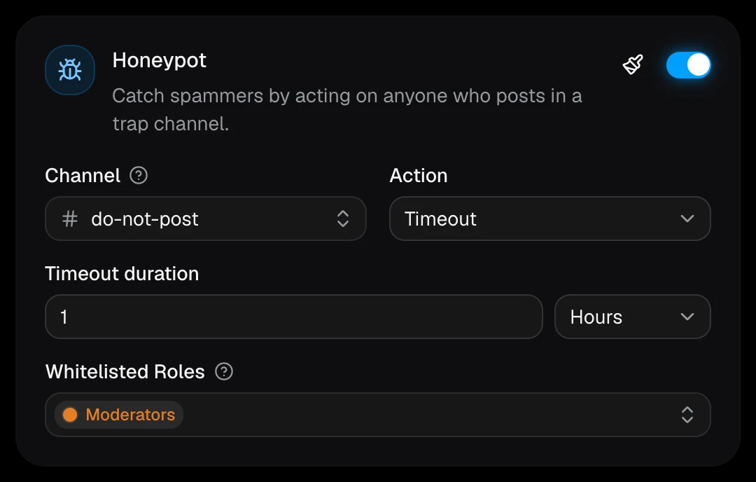 The Honeypot card with its channel, action, timeout, and whitelisted roles