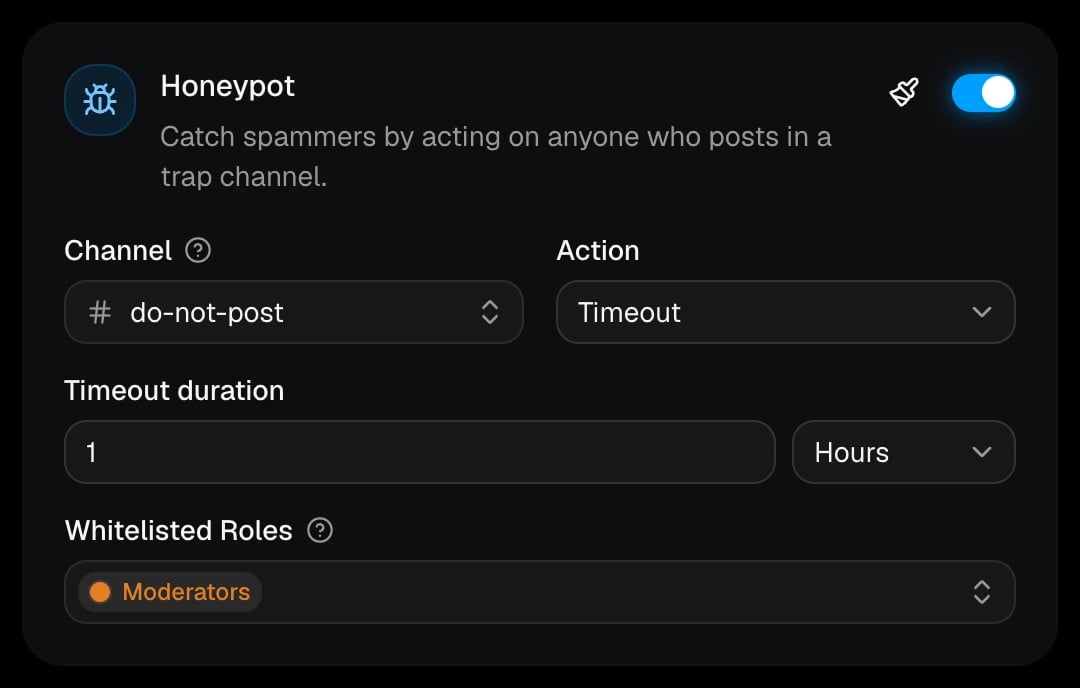 The Honeypot card with its channel, action, timeout, and whitelisted roles