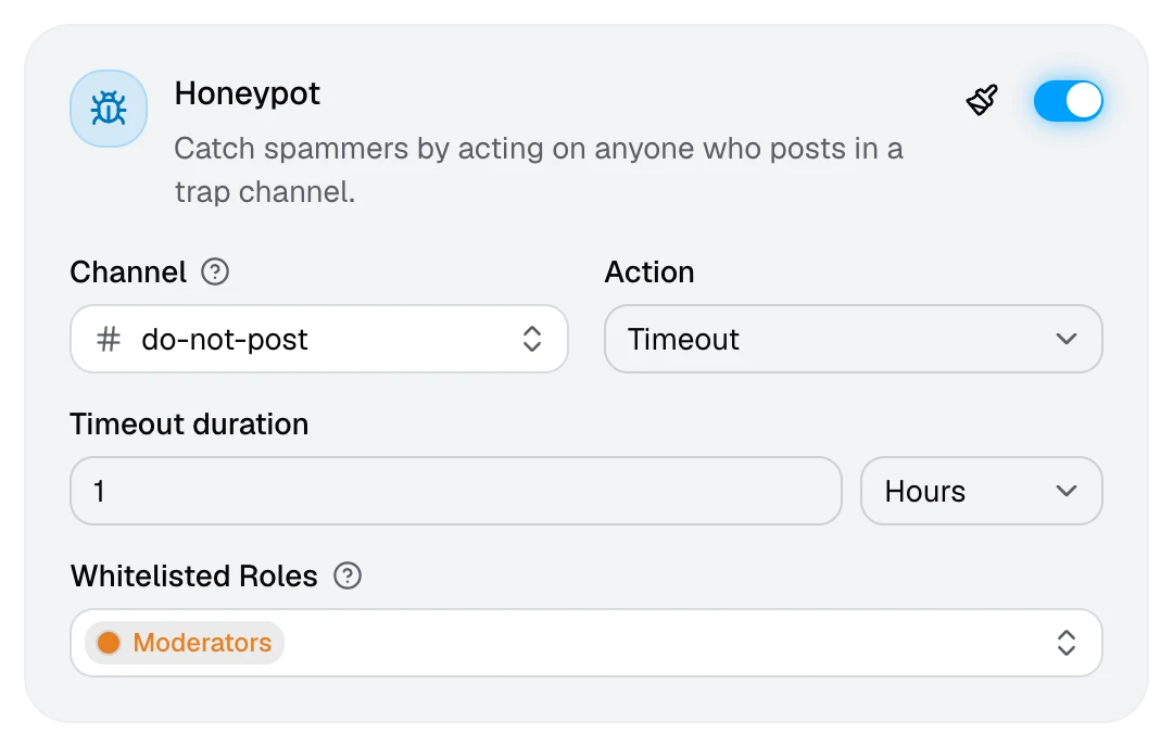The Honeypot card with its channel, action, timeout, and whitelisted roles