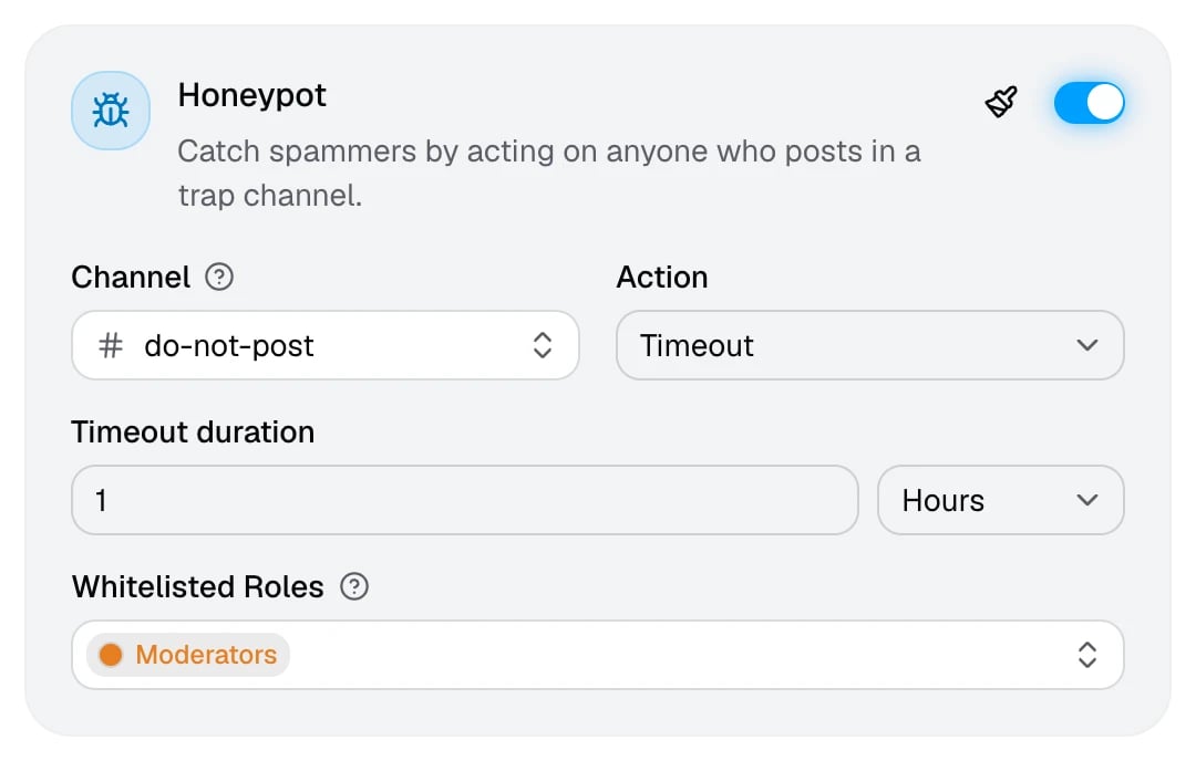 The Honeypot card with its channel, action, timeout, and whitelisted roles
