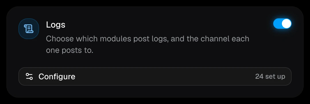 The Logs card with 24 modules set up