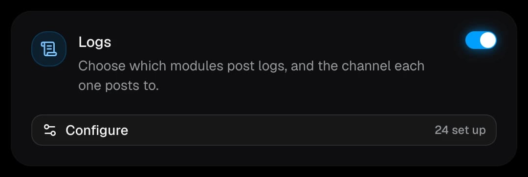 The Logs card with 24 modules set up
