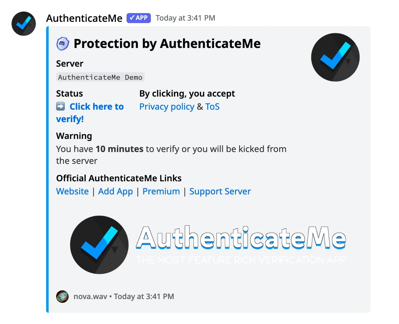 The DM AuthenticateMe sends when you join a server