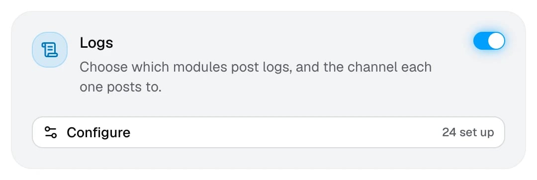 The Logs card with 24 modules set up