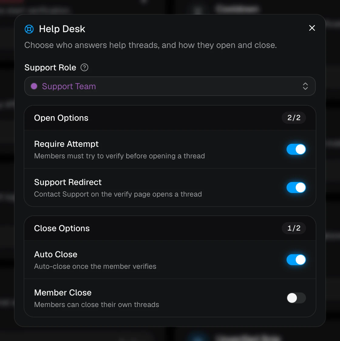 The Help Desk window with the Support Role and its open and close options