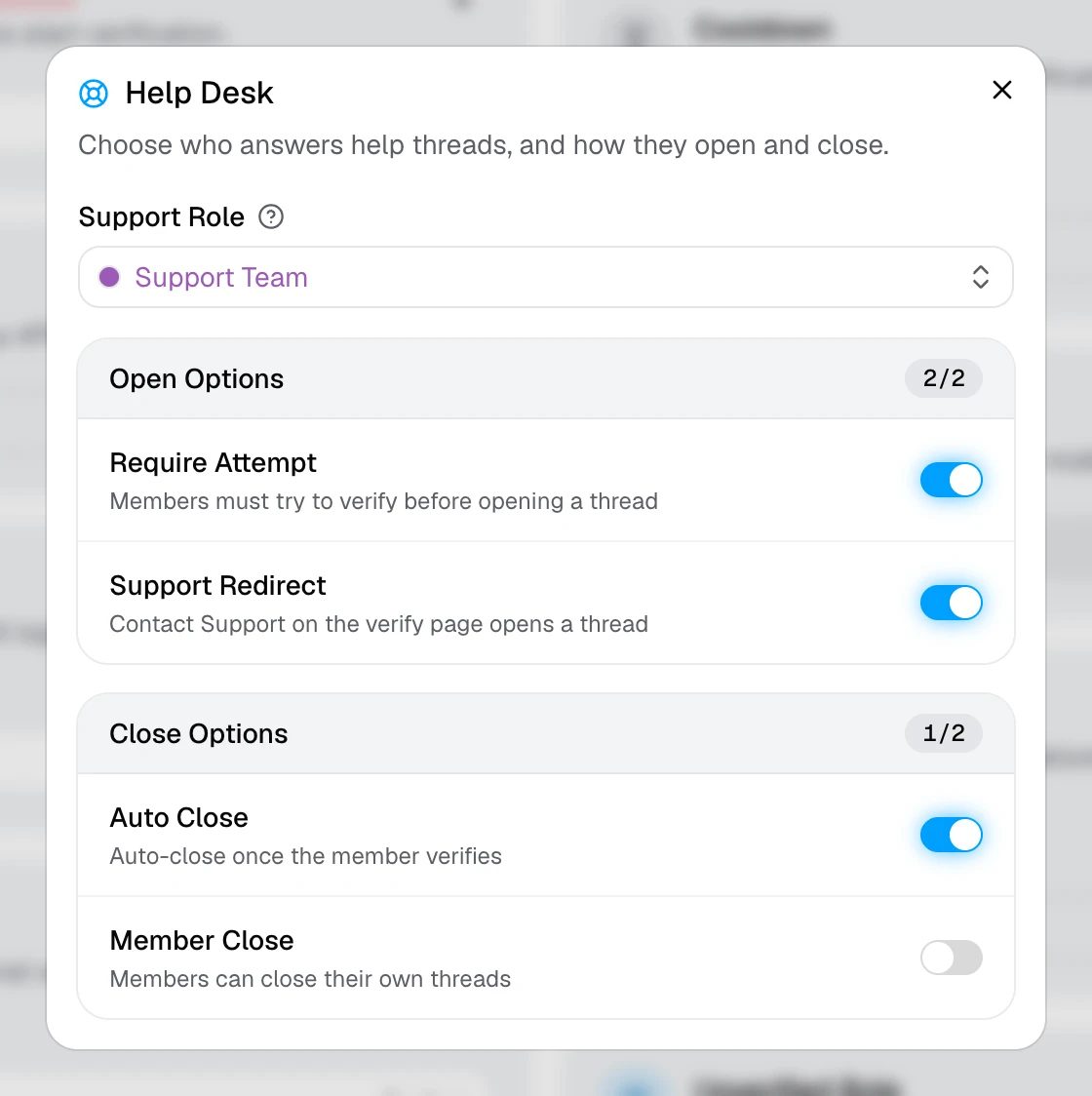 The Help Desk window with the Support Role and its open and close options